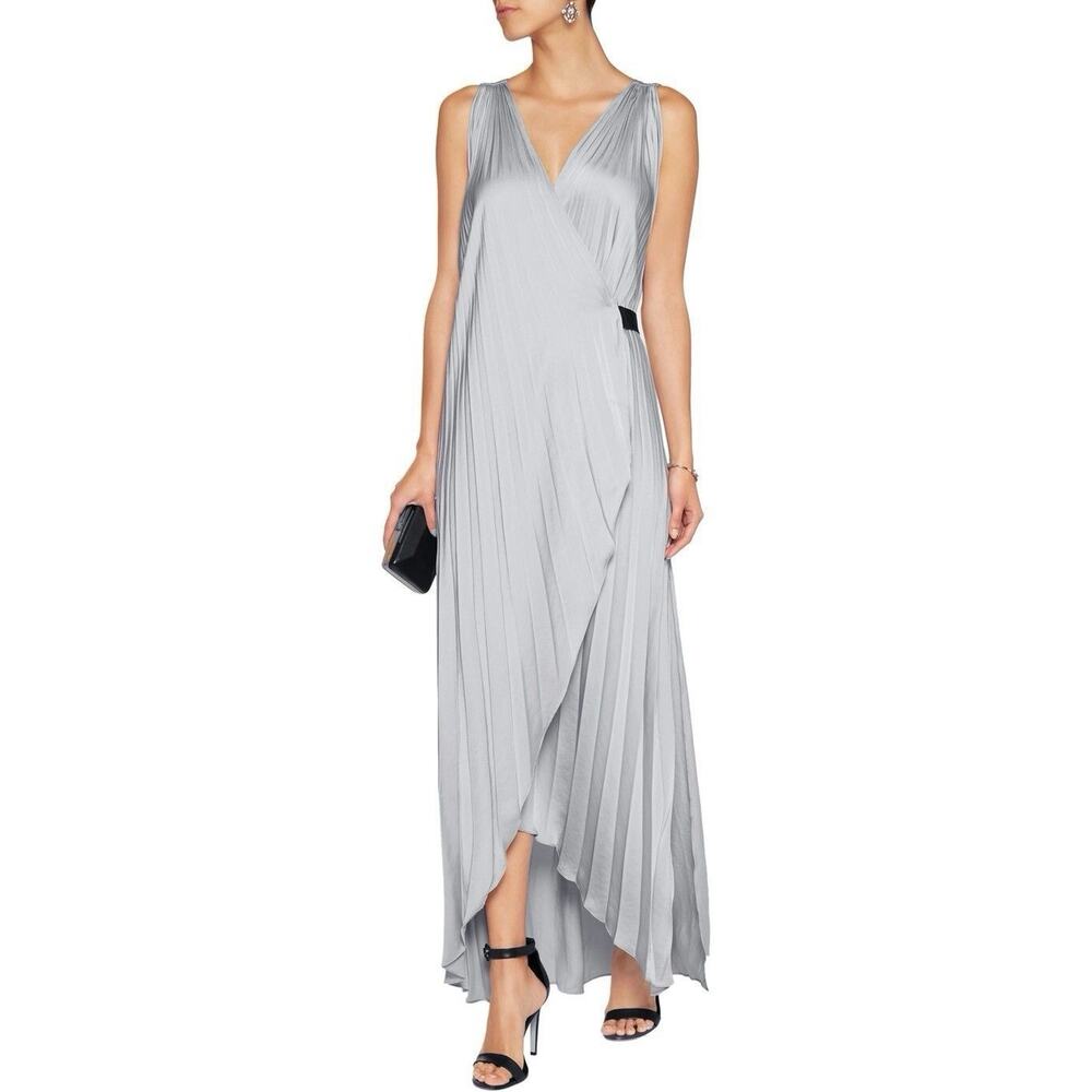 L’Agence Helene Maxi Dress in Vintage-Style Satin Accordion Pleats Silver Sz M